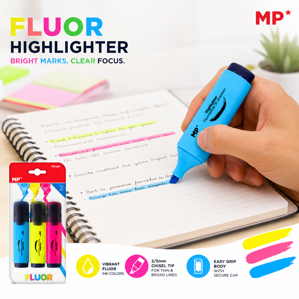 MP HIGHLIGHTERS MARKERS 3 Pcs