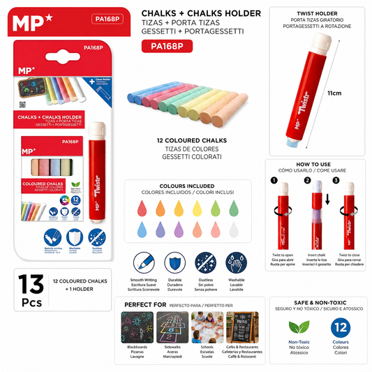 MP 12 COLORED CHALKS WITH TWISTABLE HOLDERS