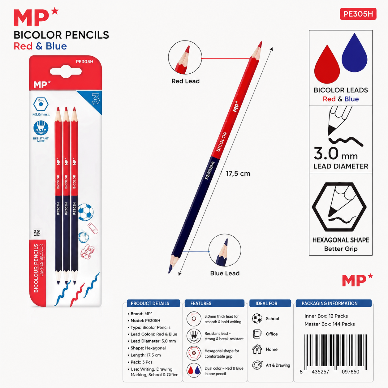 MP FINE HEXAGONAL TWO-COLOUR CORRECTION PENCILS PACK OF 3